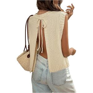SOLY HUX Women's Tie Open Back Sweater Vest Crew Neck Sleeveless Backless Knit Tank Tops, White, Extra Large