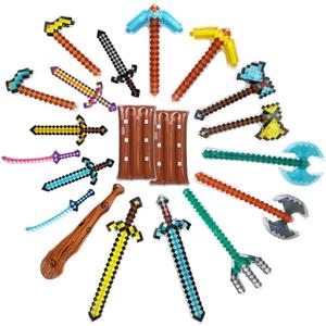 Fun 20 Pack Inflatable Weapons Toys Set Blow Up Pirate Pixel, Sword Knife Blade Hatchet Axe Shield Hoe Trident Pickaxe Shovel Caveman Stick Kid Party Favor Lumberjack Cheering Prop