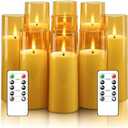 kakoya Flickering Flameless Candles Battery Operated with Remote and 2/4/6/8 H Timer Plexiglass Led Pillar Candles Pack of 9 (D2.3 xH 6" 7" 8") with Realistic Moving Wick Candles for Home Decor(Gold)