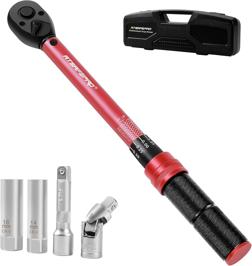 3/8-Inch Drive Click Torque Wrench, Dual-Direction Adjustable Torque Wrench (5-50ft.lb/6.8-68N/m),Torque Wrench with Extension Bar&Spark Plug Sockets for car and Motorcycle Maintenance