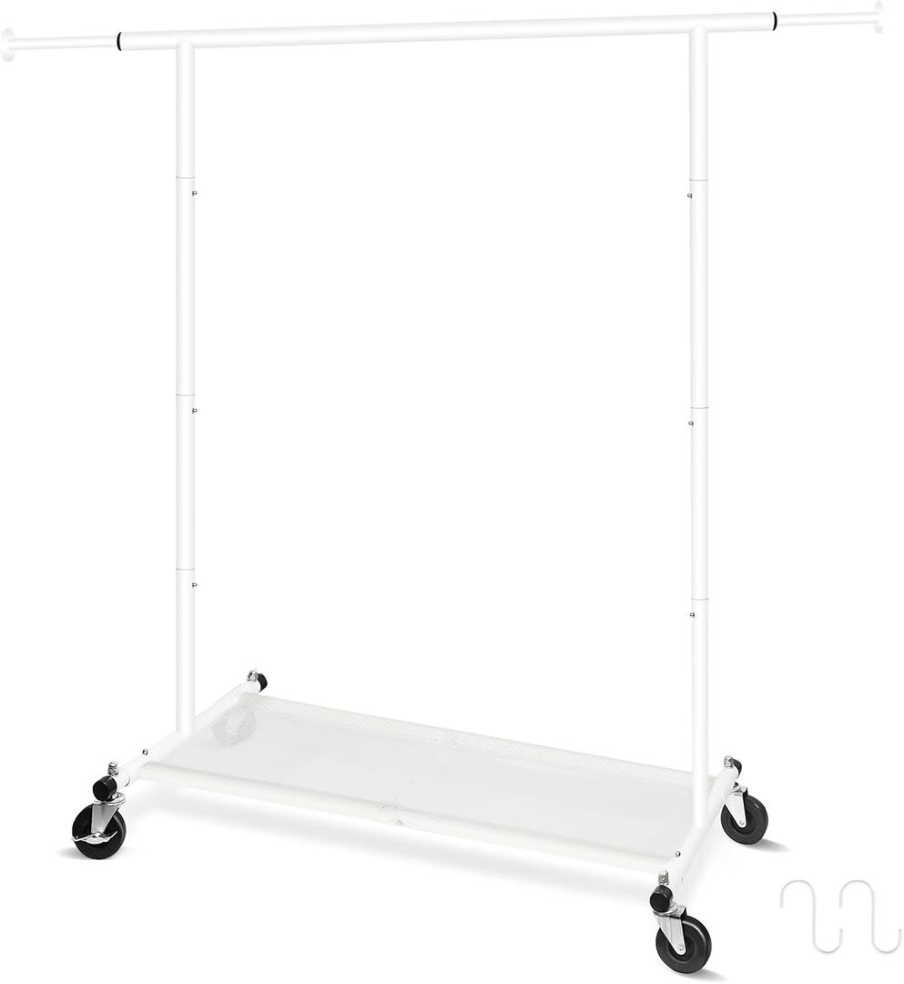 Fishat 63" H Heavy Duty Simple White Rolling Clothing Garment Rack, Metal Hanging Clothes Organizer with Lockable Wheels, Bottom Shelves for Shoes Organization, Dorm Bedroom Home Balcony, with 2 Hook
