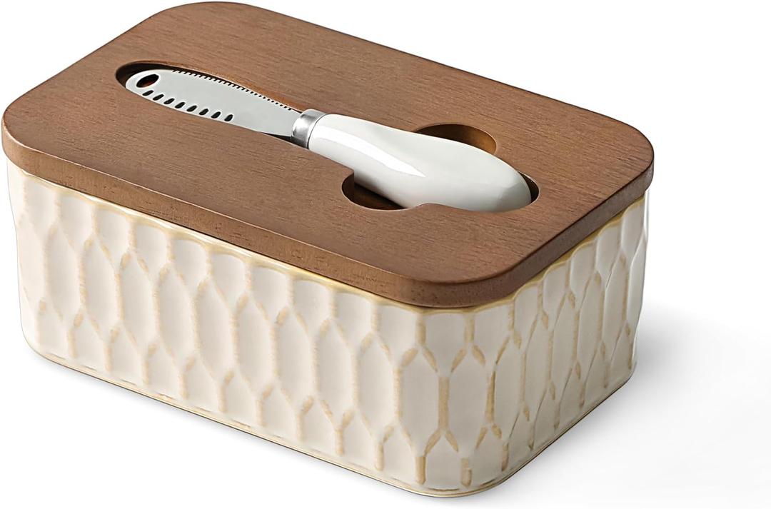 Butter Dish with Lid, Ceramic Butter Dish for Countertop, Airtight Butter Keeper with Knife, Butter Storage, Kitchen Decor & Housewarming Gift