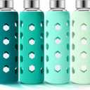 Mrsdry Glass Juice Bottles with Lids and Silicone Sleeves 18 oz, 4-Pack Reusable Clear Glass Water Bottles with Stainless Steel Airtight Cap for Juicing, Refrigerator, BPA Free Leak-Proof Drinking Jar