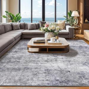 Shilucheng 9x12 Rug for Living Room Neutral Machine Washable Large Non-Slip Backing Abstract Rugs, Soft Low Pile Area Rug for Bedroom Under Bed,Dining Room Clearance, Big Carpet (Gray/Blue)
