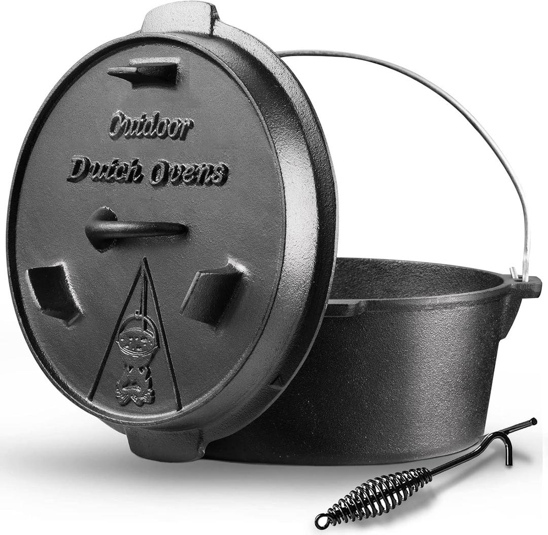 Camping Dutch Oven, 9 Qt Pre-Seasoned Camping Cookware Pot with Lid - Lid Lifter, Cast Iron Dutch Oven with Metal Handle for Cooking BBQ Baking Campfire Modern Black (9 Qt)