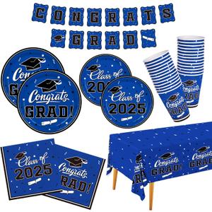 Graduation decorations 2025 Gatherfun 2025 Graduation Party Dinnerware Set Blue Disposable Paper Plates Napkins Cups Tablecloth Banner for Congrats Grad Party Decorations, Serve 25