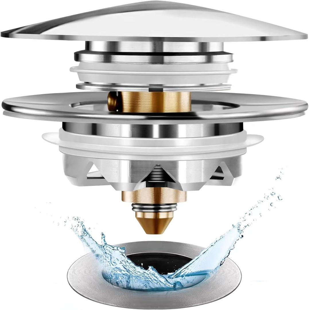 Universal Tub Stopper Bathtub Drain, Pop Up BathTub Drain Plug and Cover, Replaces Bath Tub Lift and Turn, Tip-Toe and Trip Lever, Easy to Install and Clean, All Brass Plating Process