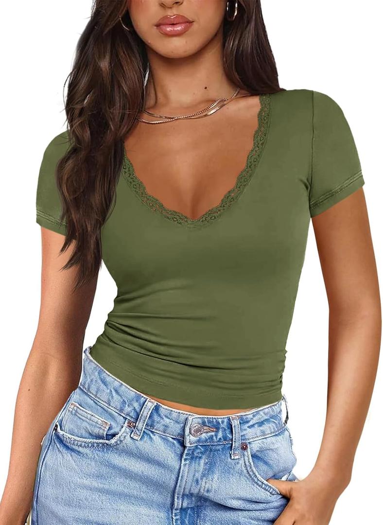 Imily Bela Womens Sexy V Neck T Shirts Summer Lace Short Sleeve Slim Fit Y2k Going Out Crop Tops (Green, XL)