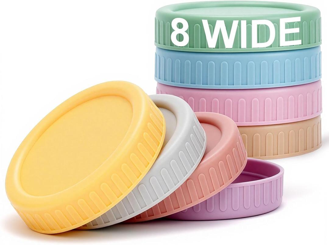 Vaincre 8PCS Wide Mouth Mason Jar Lids, Plastic Mason Jar Canning Lids Tops, Reusable Leak Proof Canning Covers with Silicone Rings for Ball, Kerr and More, Dishwasher Safe (Multicolored)