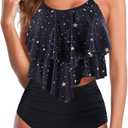 Womens Tankini Swimsuits Ruffled Tank Top Tummy Control Floral Modest Swimwear High Waisted Bikini (Large, Black Star)