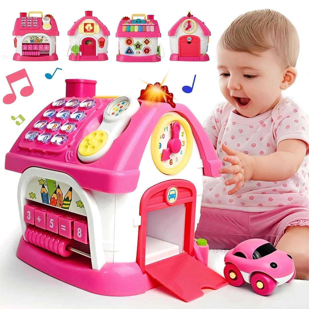 Montessori 8-in-1 Bilingual Musical Activity House | EN/ES Learning Toy with Volume Control & Travel Handle | Develops Fine Motor Skills for 1-3 Year Old Toddlers & First Birthday Gift (Rose)