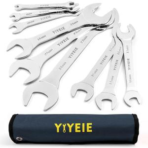 Yiyeie 9Pc. Super-Thin Open End Wrench Set, Metric 5.5, 7, 8, 9, 10, 11, 12, 13, 14, 15, 16, 17, 19, 21, 22, 23, 24, 27 mm, CR-V Steel, Ultra-Slim Flat Wrench Set with Roll-up Pouch (Chrome Finish)