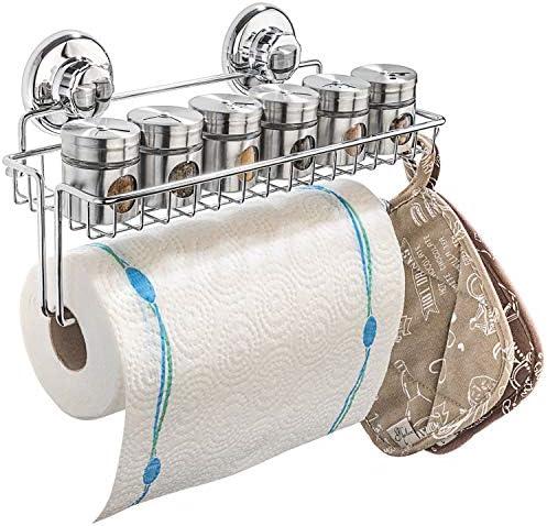 HASKO Accessories Suction Cup Paper Towel Holder With Shelf and Hooks - Wall Mount Metal Organizer for Bathroom & Kitchen - SUS 304 Stainless Steel Tissue Roll Hanger - Chrome