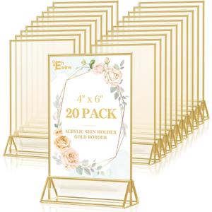 EHWINE 20 Pack Acrylic Sign Holder 4 x 6, Double Sided Gold Picture Frame Stand up Table Top Sign Holders, Clear Display Stand Menu Flyer Holder for Wedding Party