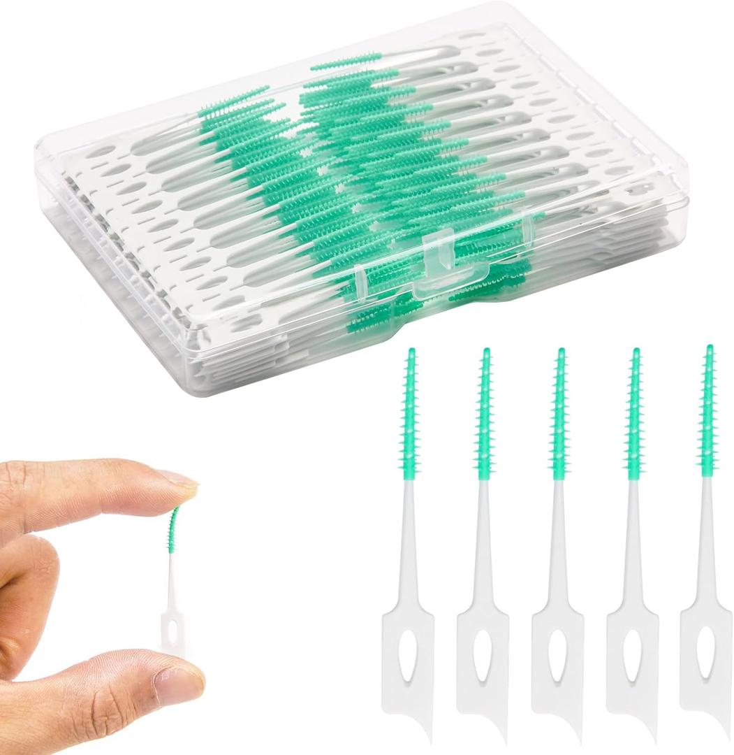 Dental Floss Picks, 200 Count, Soft Rubber Brush Head, Interdental Brushes with Convenient Carry Case,Dual-Ended Toothpick Travel Teeth Cleaning Tools (Green)