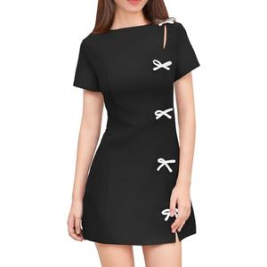 XXTAXN Women's Summer Boat Neck Short Sleeve Elegant Y2k A Line Mini Dress Black, XL