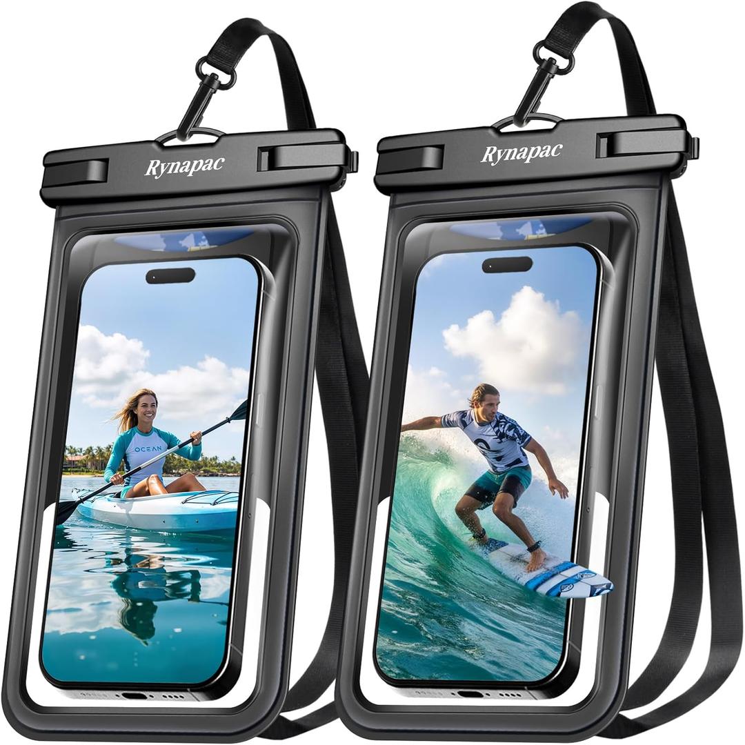 Rynapac Waterproof Phone Pouch - 2 Pack, IPX8 Waterproof Phone Case with Lanyard for iPhone 17 16 15 Pro Max, Cell Phone Dry Bag for Beach Vacation Travel Cruise Essentials, Touch Screen, Up to 8.5" ([Black + Black])
