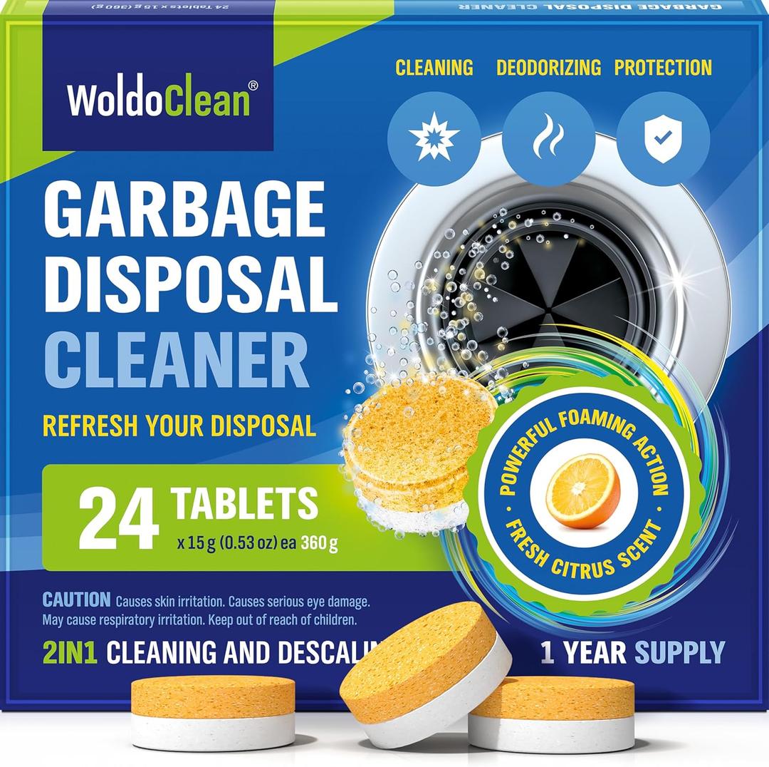 WoldoClean Garbage Disposal Cleaner Tablets - 24 Pack, Sink Drain Cleaner and Deodorizer, Fresh Citrus Foaming Action for Deep Kitchen Cleaning