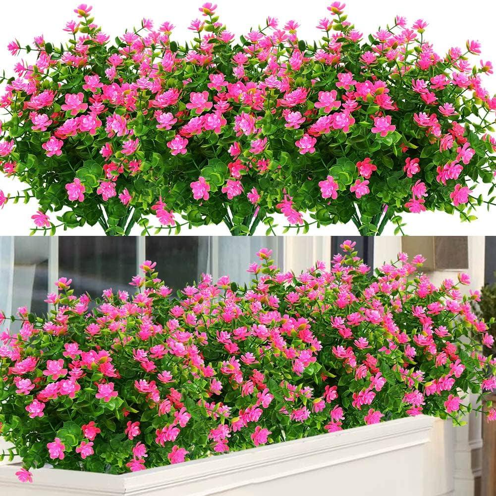24 Bundles Outdoor Artificial Flowers UV Resistant Fake Boxwood Plants, Faux Greenery for Indoor Outside Hanging Plants Garden Porch Window Box Home Wedding Farmhouse Dcor (Pink)