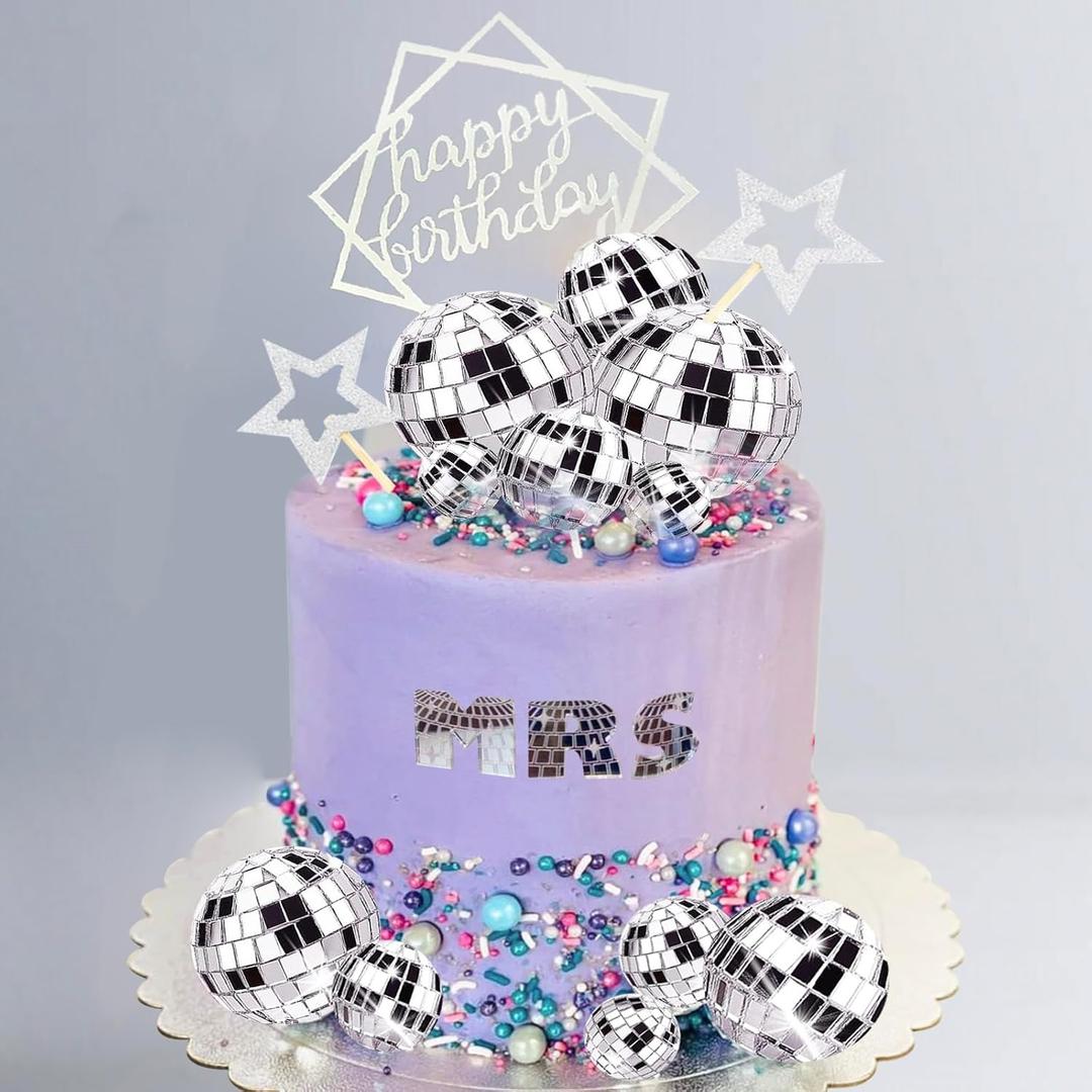 33Pcs Disco Ball Cake Toppers Silver Disco Balls Cake Decorations with Mirror Balls Happy Birthday Cake Topper and Star Cake Toppers for 70s 80s Disco Music Dance Themed Party Decorations Supplies, 5.9 Inches X 1.57 Inches