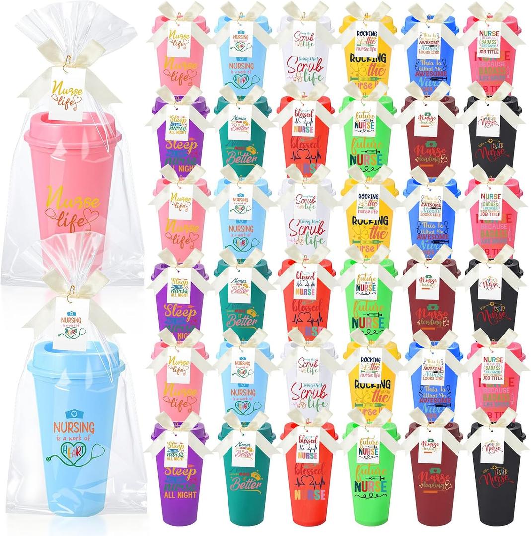 Skylety 36 Sets Nurse Appreciation Gifts, 16 oz Reusable Tumblers with Lids for Nurse Week 2026, Thank You Plastic Nursing Cups with Bow Cards and Opp Bags for Lpn Cna Rn Np Healthcare(Classic)