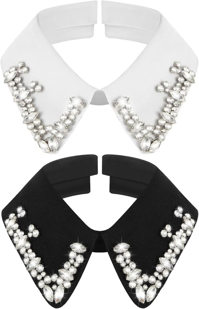 Geyoga 2 Pcs Dickey Rhinestones Collar for Women Detachable Fake False Collar Choker White Black (Classic Style)
