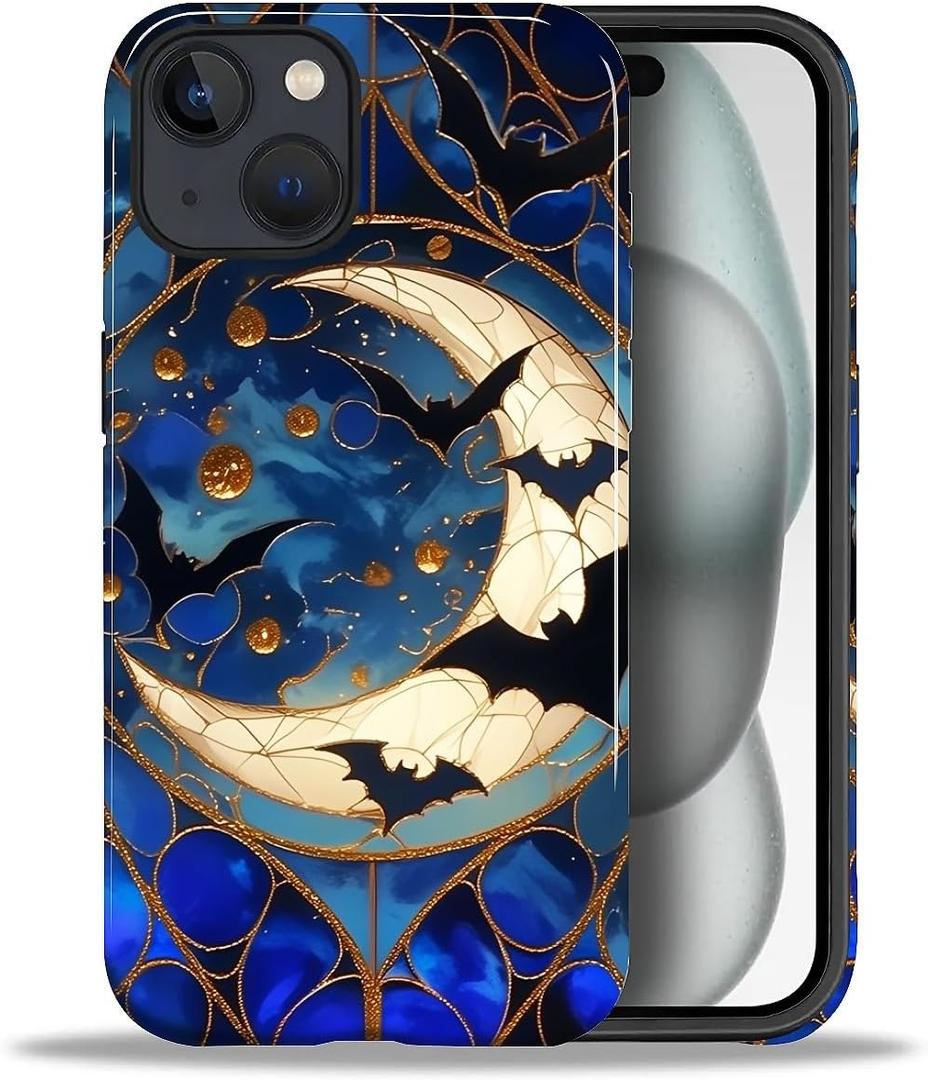 CARLOCA Case for iPhone 15,Halloween Bats Spooky Moon Stars Design Hybrid Dual Protection Soft TPU + Hard PC, Shockproof & Anti-Scratch Cover Men Women Stylish Protective Phone Case