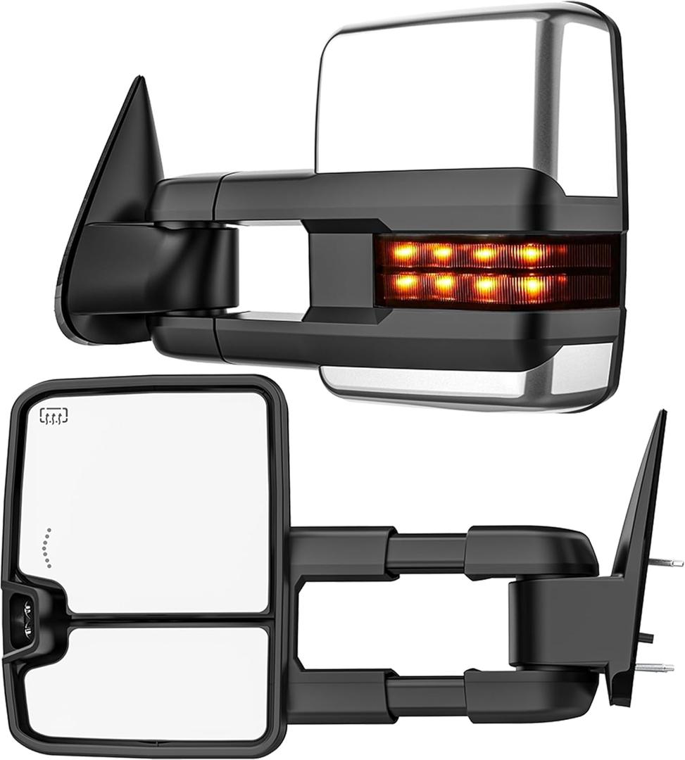 Smoked Power Heated Tow Mirrors Compatible with 2007-2013 Chevy Silverado GMC Sierra(2007 New) 1500 2500 3500 HD, Tahoe Suburban Avalanche Yukon, Extended Trailer Towing Side Mirrors w/Backup Light (Dotted Signal/Chrome Housing)