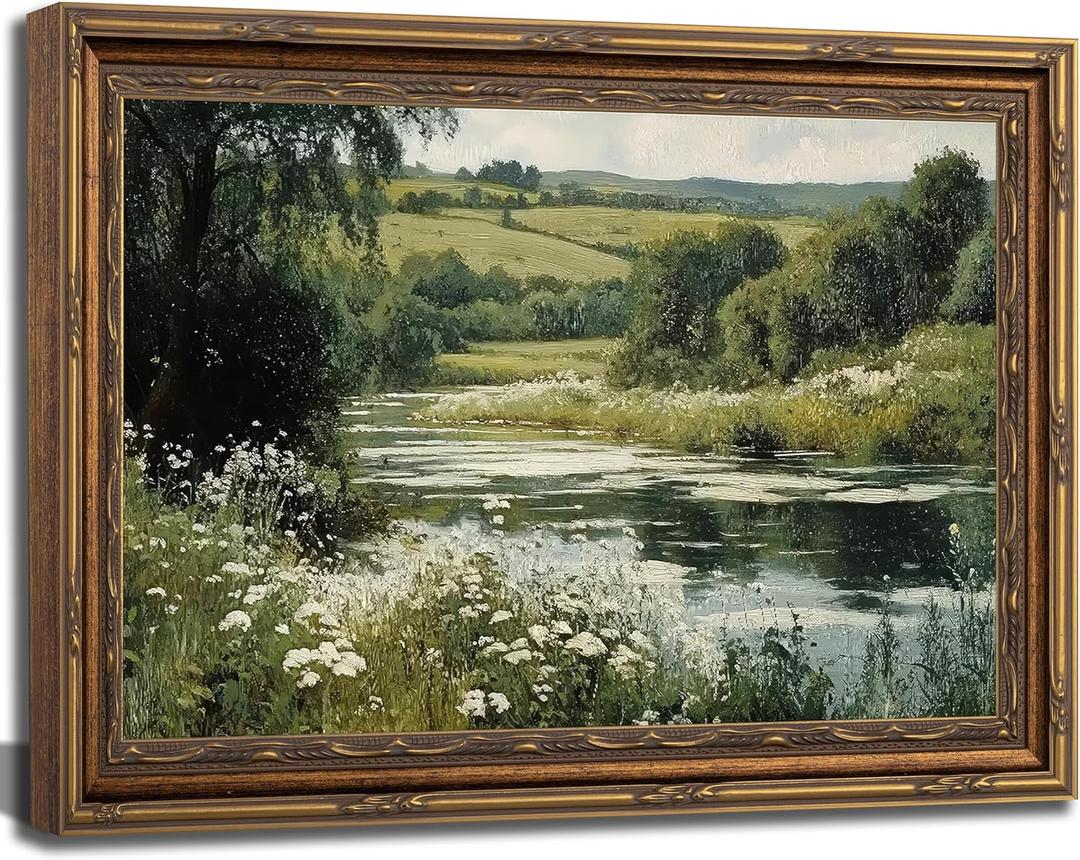 Vintage Gold Framed River Wall Art Green Nature Landscape Canvas Prints Rustic Rural Wildflower Poster Farmhouses Lakes Scenery Picture for Living Room Bedroom Bathroom Office Wall Decor 24x16in