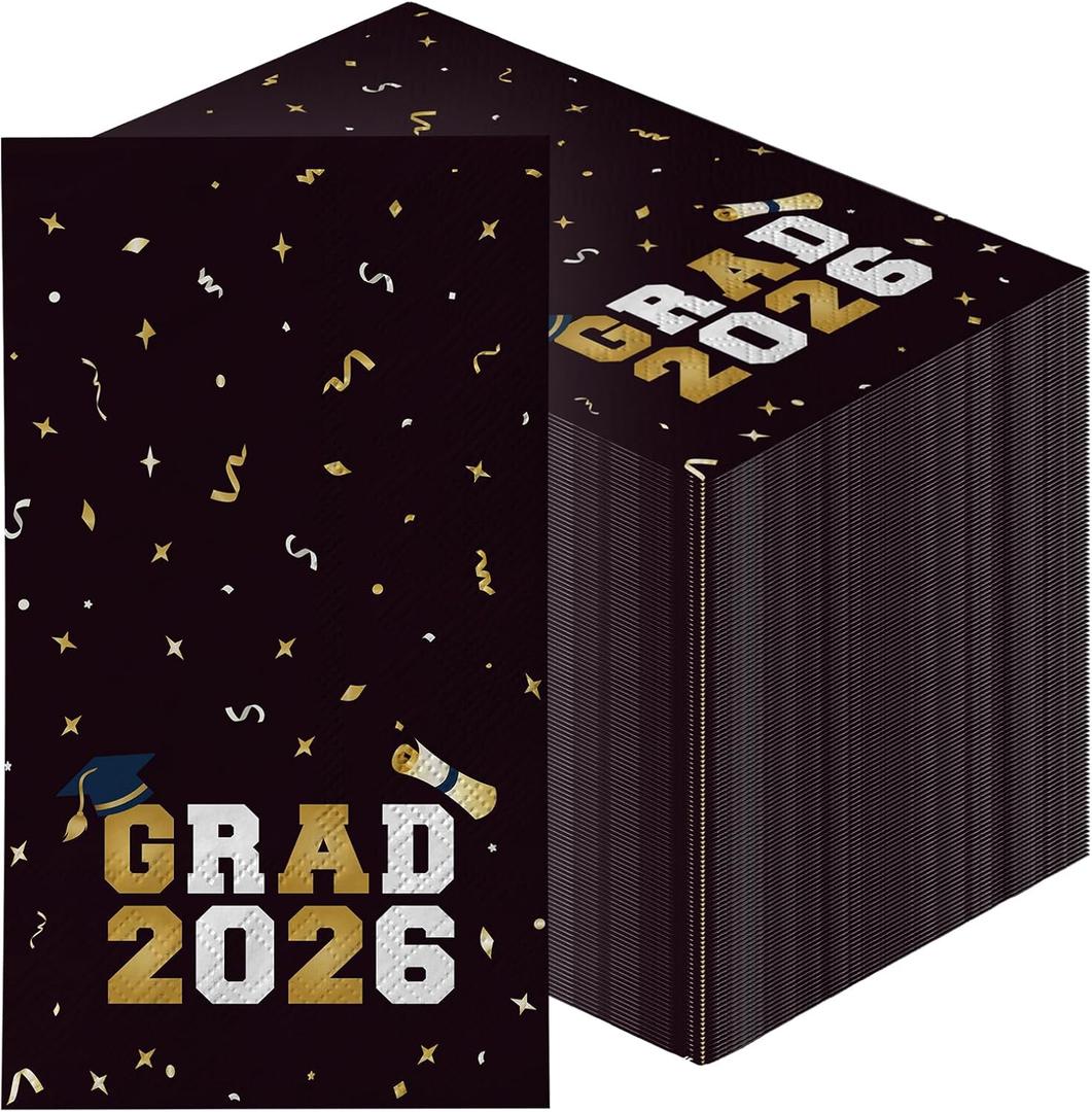 Graduation Napkins 2026 | 4X8" 100PCS Class of 2026 Dinner Napkins Disposable | Black Congrats Grad Napkins for Commencement Party Decorations, High School & College Graduation Party Supplies