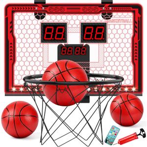 Indoor Basketball Hoop for Kids, Remote Control Basketball Hoop Indoor with Electronic Scoreboard/7-Color LED Lights/2 Modes/3 Balls, Foldable Design, Cool Basketball Gifts for Boys 8-12 (Red)