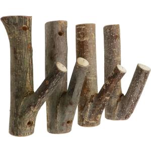 4Pcs Real Wood Tree Branch Wall Hook, Farmhouse Rustic Decorative Wooden with Bark Trunk Thickness 2cm-3cm with Screw