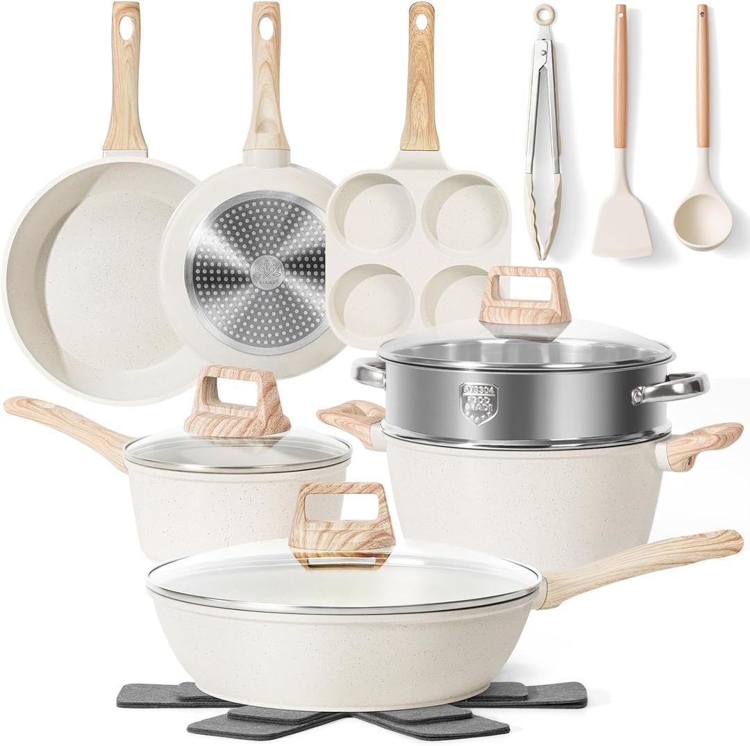 17 Pcs Pots and Pans Set Non stickCookware Sets White Granite Induction Cookware, Non-toxic Healthy Non Stick Kitchen Cooking Set with Frying Pans Set, Saucepans (PFAS, PFOA, PFOS Free) White