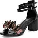 JOEupin Women's Butterfly Block Heel Sandals- Gold&Silver Strappy Dressy High Heels for Summer, Comfortable Wedding Party Shoes (8.5, Black)