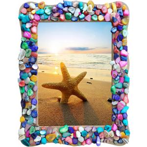 WOOPSOO Diy Picture Frame kit Handmade Shell Fragment Decoration Picture Frames Family Gifts Crafts Photo Frame for Kid 7 inch Wooden Picture Seashell Frames for Crafts Birthday Party