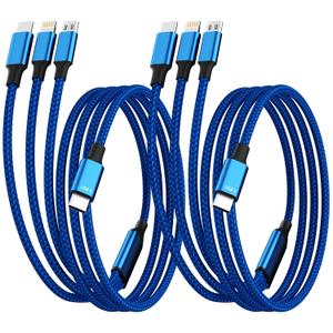 USB C Multi Charging Cable, 2-Pack 5FT Multiple Charger Cord, 3 in 1 Universal Charger Cable with Type-C/Micro USB and IP Port, Compatible with Most Cell Phones-Blue