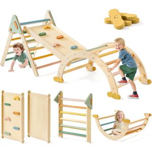 Tiny Land Pikler Triangle Set,7-in-1 Foldable Montessori Toddler Climbing Toys Indoor, Wooden Playground Jungle Gym for Kids, Climber Gift for Boys & Girls Toddler Climbing Toys (Morandi)