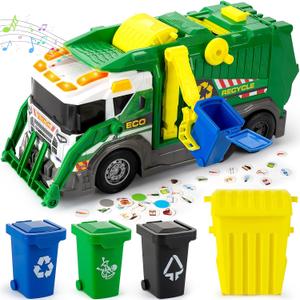 Large Garbage Truck Toy Set for Boys Ages 3 4 5 6 7 8, Kids Trash Truck with Sound, Light, Dumpster, Trash Bins and Learning Cards, Friction Powered Garbage Trucks Christmas Birthday Gifts for Toddler
