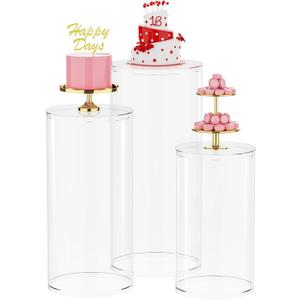 Wokceer Cylinder Pedestal Stands for Party 3Pcs Clear Round Cylinder Tables for Parties Pedestal Stand Display Plinth Pillars for Wedding Birthday Party Art Decor 35.4"",29.5"",23.6"" H