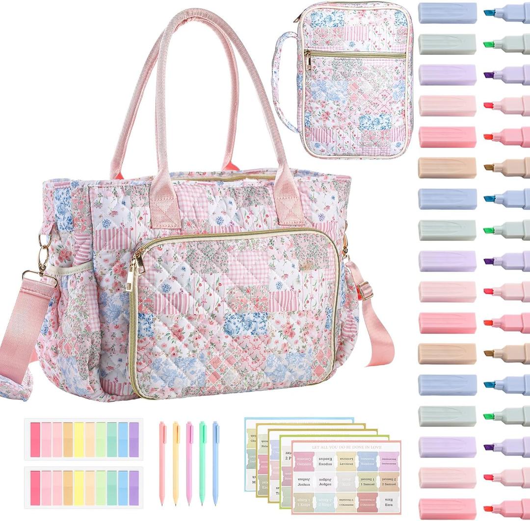 Large Bible Bag Quilted Bible Cover Case Kit for Women Church Bag with Shoulder Strap Study Supplies Christian Gifts(Spliced Flower)