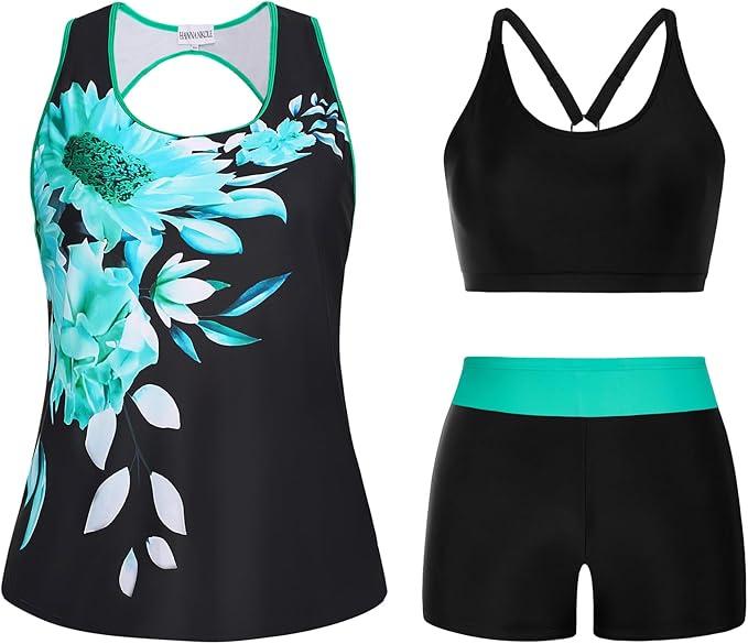 Hanna Nikole 3 Piece Tankini Swimsuits for Women Tummy Control Plus Size Bathing Suit with Boy Shorts Tank Top and Sports Bra (Green Floral)