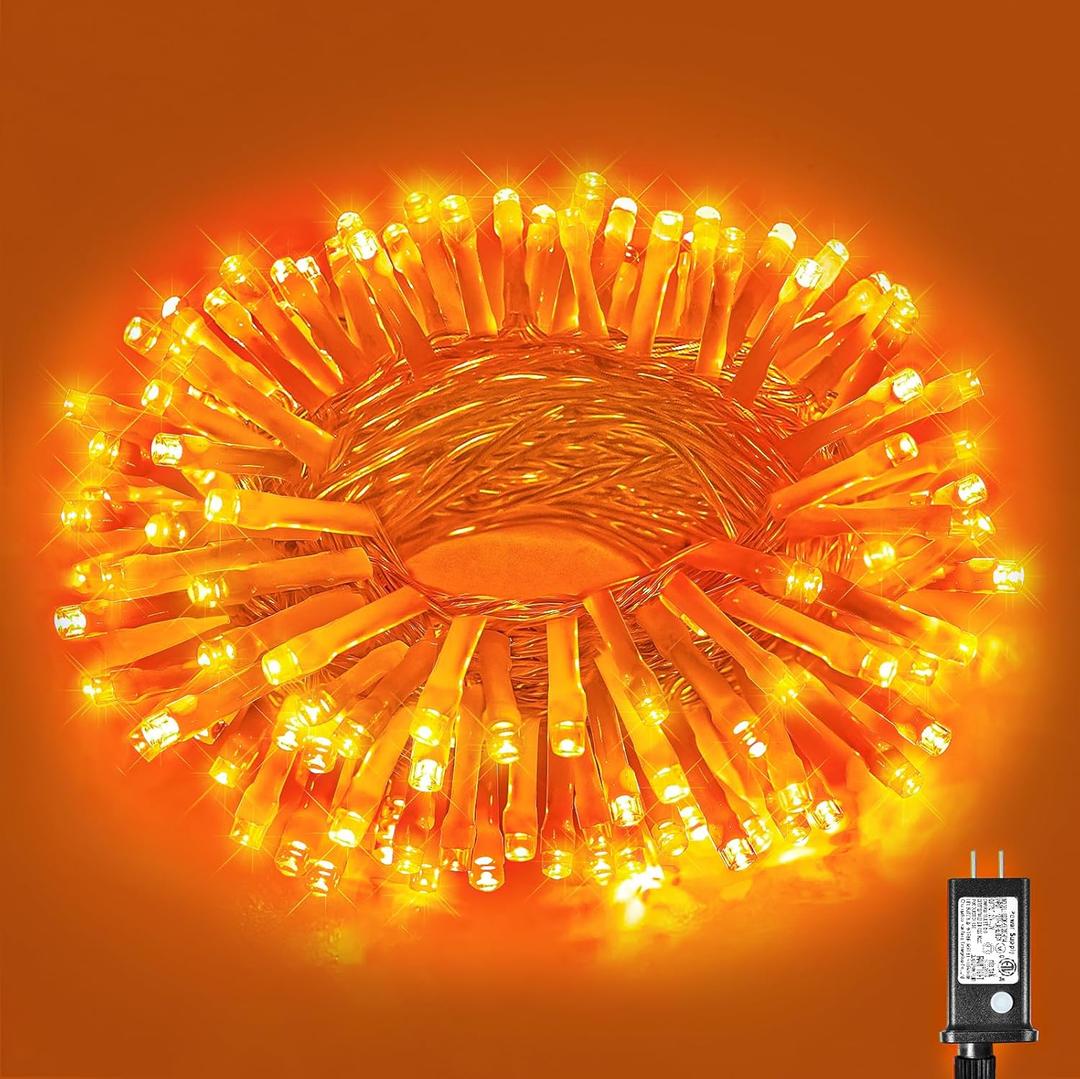 Vivideal 100 LED Orange Christmas Lights Outdoor Waterproof 33ft String Lights Indoor 8 Modes Clear Wire, Plug in Orange String Light for Xmars Tree Bedroom Thanksgiving Decorations