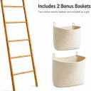 Bamboo Blanket Ladder with 2 Woven Storage Baskets, Handcrafted 55in Decorative Ladder for Blankets, Leaning Blanket Holder for Living Room, Towel Ladder for Bathroom & Quilt Display Rack, Large