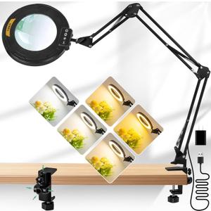 12X Magnifying Glass with Light, Ultra Long 3 Section Swing Arm LED Desk Lamp with Large Clamp, 5 Color and Brightness Hands Free Magnifier Light and Stand for Workbench Crafts Reading Painting