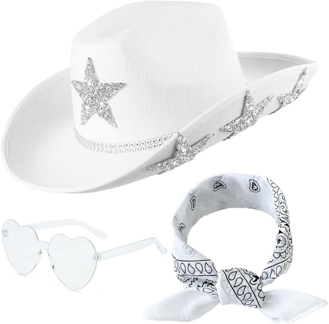 Cowgirl Hat for Women Men Sequin Rhinestone Western Adults Cowboy Hat with Sunglasses Bandanas