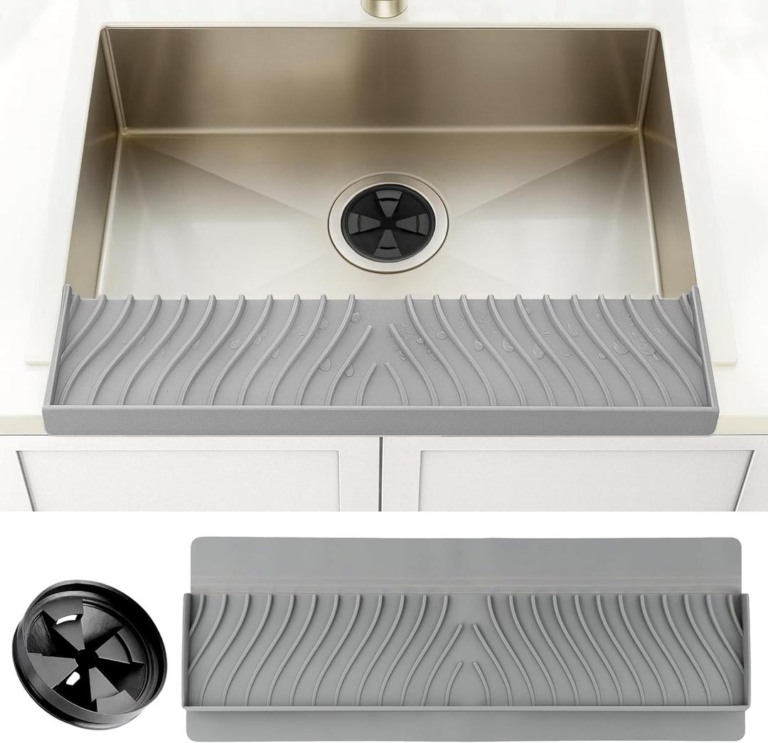 Silicone Sink Edge Protector and Splash Guard with Matching Drain Strainer, 24 Inch Countertop Chip Guard for Kitchen and Bathroom, 62 Suction Cups, Heat Resistant to 446F, Gray
