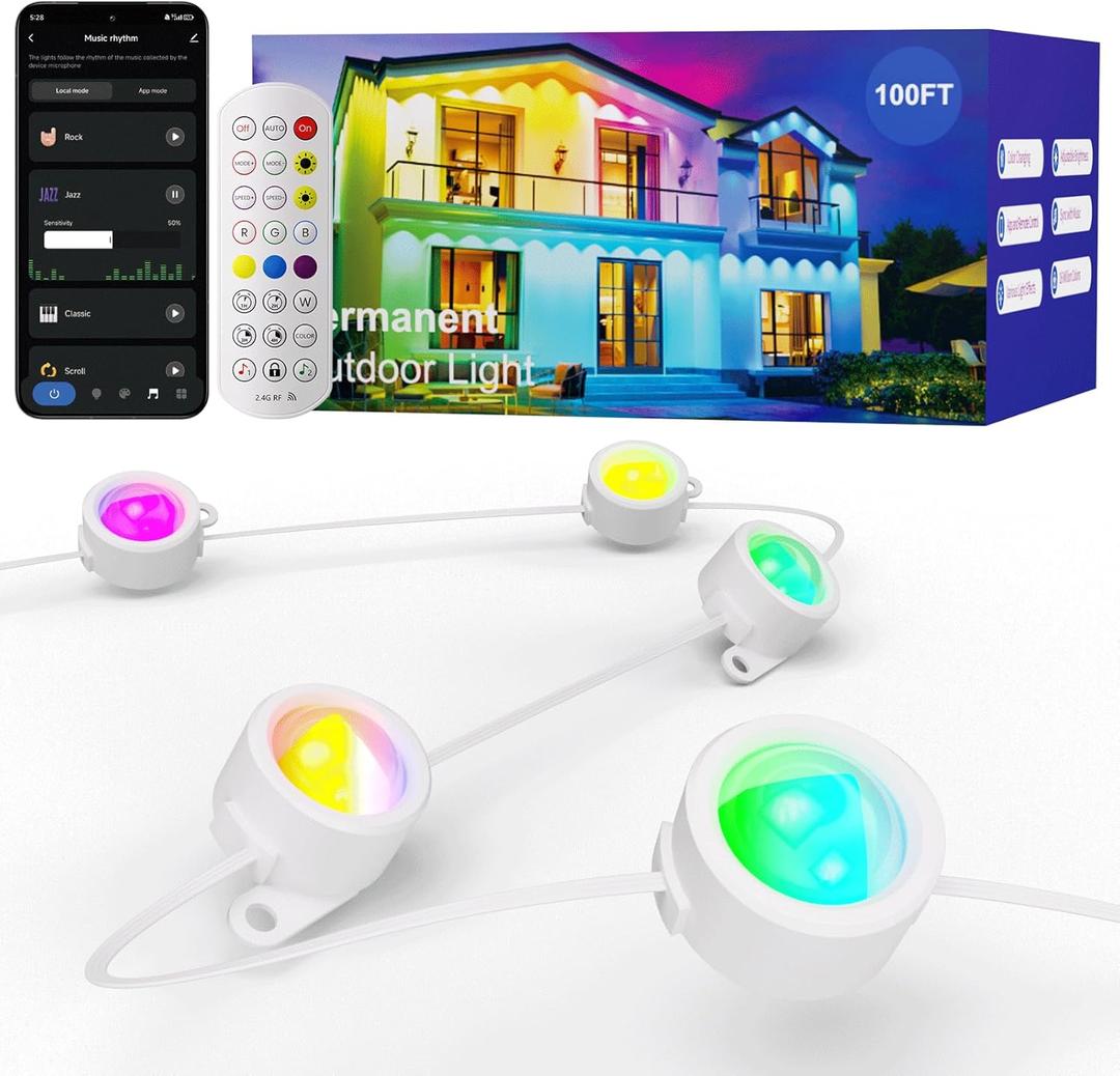 HUTAKUZE Permanent Outdoor Lights, 100FT with 60 RGB LEDs for Outdoor Decor, IP67 Waterproof, 48 Scene Modes Christmas House Lights,APP & Remote Control, Music Sync