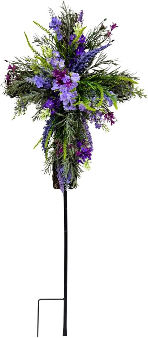 Solar Lavender Cross Memorial Stake Lighted Religious Yard Decoration Cemetery Stake with Purple Lavender Wildflowers Religious Purple Floral Cross Arrangement for Memorial Tribute