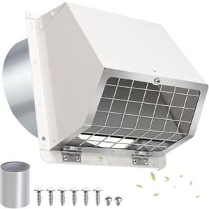 6 Inch Hooded Wall Vent with Flap and Mesh,6 inch Dryer Vent Cover, 6'' Exhaust Vent Cover Cap for Kitchen Range Hood/Dryer/Bathroom Exhaust Duct,Wall Mount Exterior Vent Hood Outdoor with Large Opening (White)