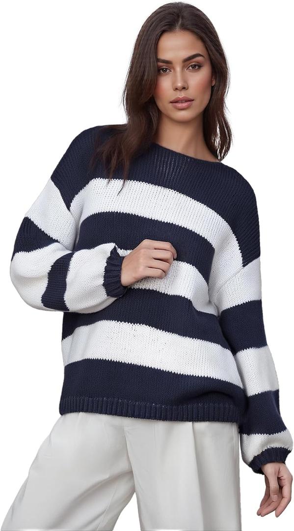 Women Y2k Oversized Striped Sweater Vintage Color Block Crew Neck Chunky Long Sleeve Pullover Harajuku Jumper (XL)